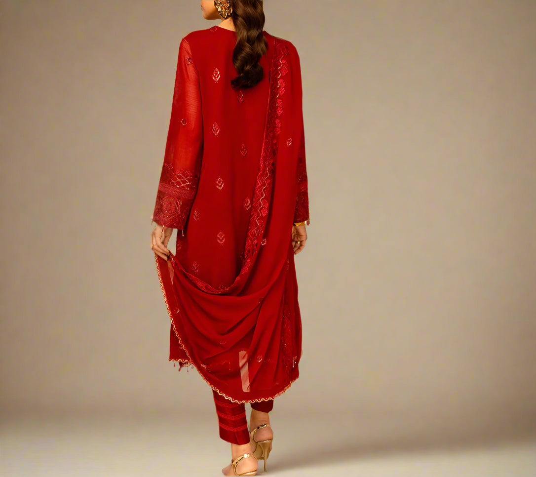 Grace Z-(WINE SCARLET) -Stitched Embroidered chiffon 3Pc Suit