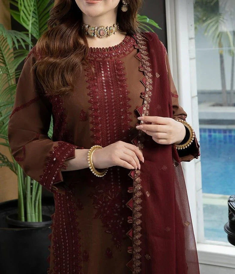 Grace Z-(S665) - Stitched Embroidered 3PC Lawn dress with Embroidered chiffon dupatta.