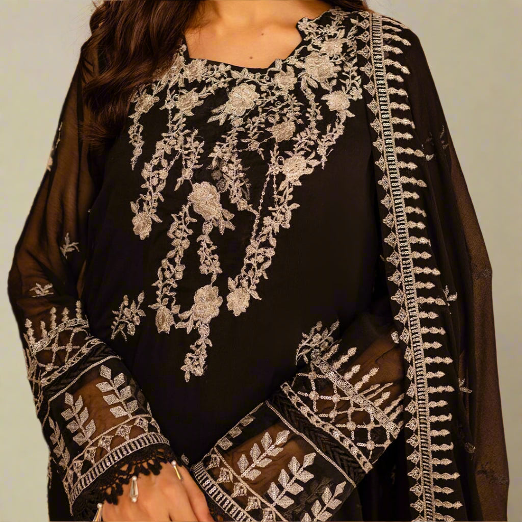 PITCH BLACK– Embroidered Chiffon Unstitched 3Pc Suit.