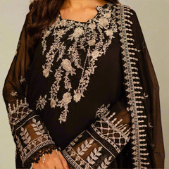 PITCH BLACK– Embroidered Chiffon Unstitched 3Pc Suit.