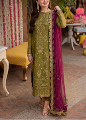 Grace Z-(W630)- Stitched Embroidered 3pc Linen Dress with Embroidered Chiffon Dupatta.