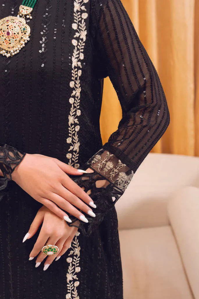 Grace Z-(COLD BLACK) -Stitched Embroidered chiffon 3Pc Suit