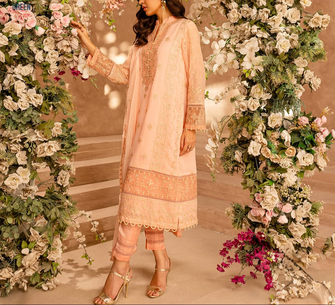 PEACH DELIGHT– Embroidered Chiffon Unstitched 3Pc Suit.