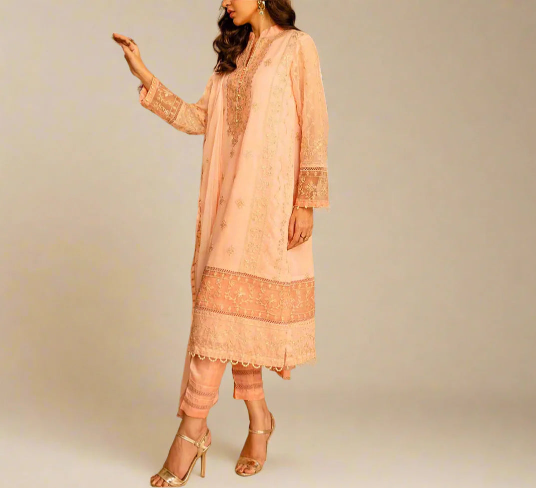 PEACH DELIGHT– Embroidered Chiffon Unstitched 3Pc Suit.