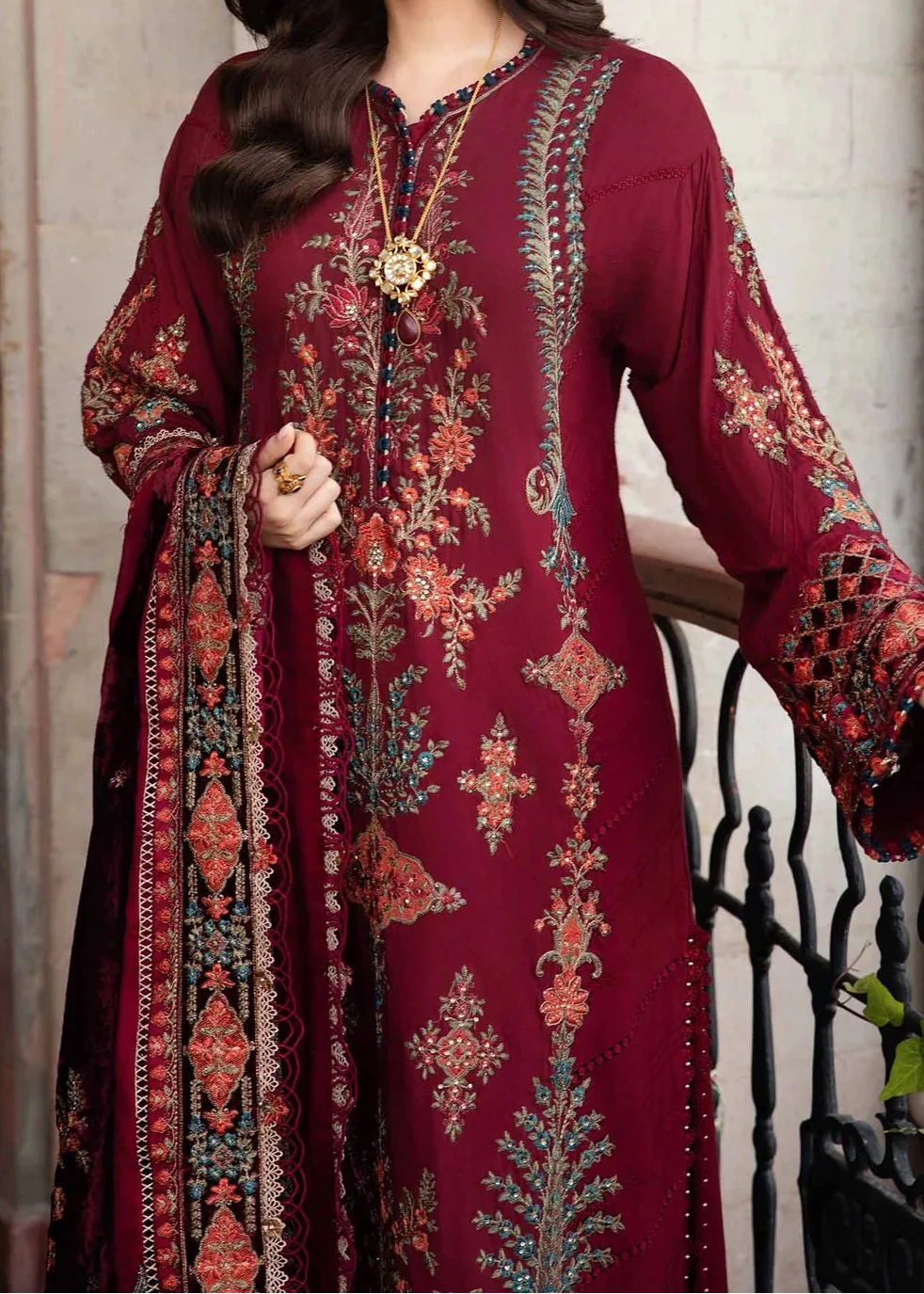 Grace W799-Embroidered 3pc Marina Dress With Printed Shawl.