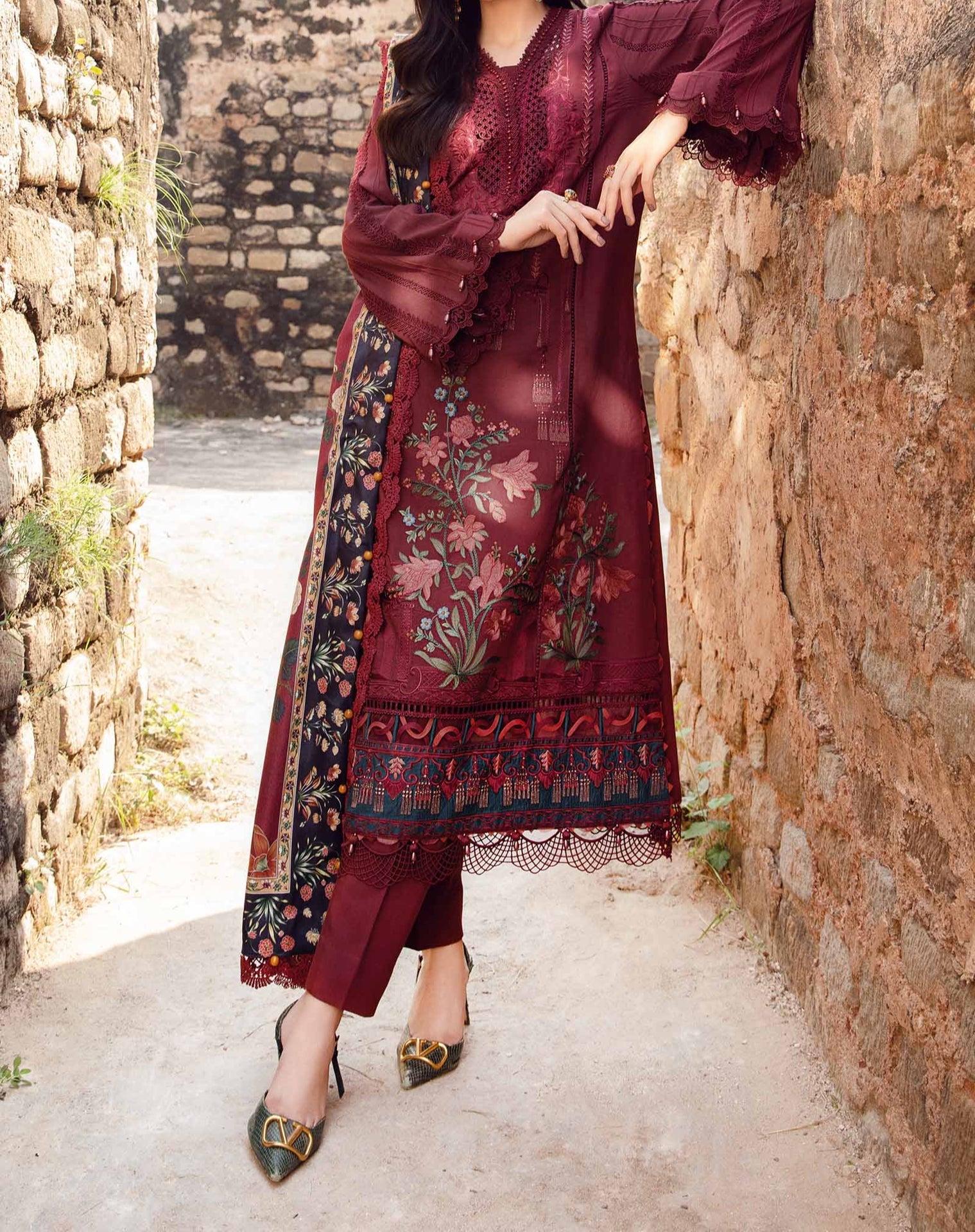 Grace W745-Embroidered 3pc Marina Dress With Printed Shawl.