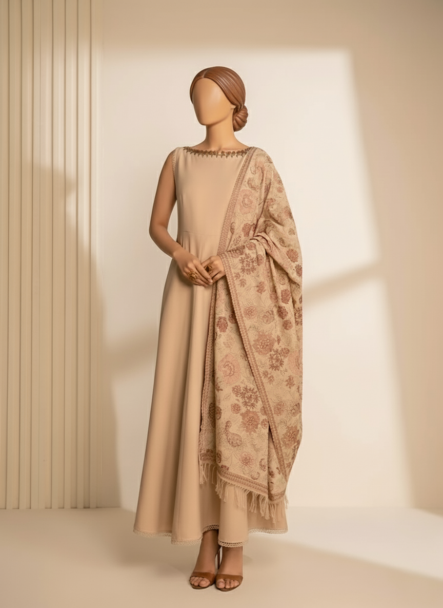 Sarinnah D77-Embroidered Karandi Beige Shawl