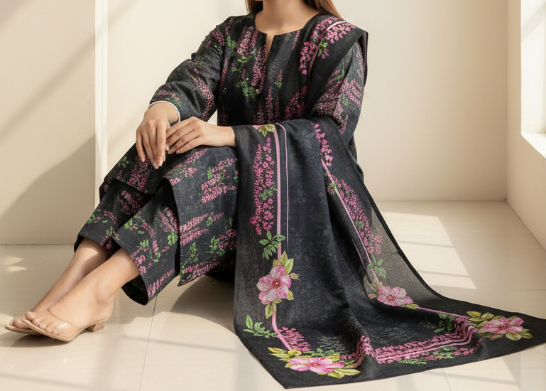 Grace W817 - Digital Printed 3pc Karandi Dress With Digital Printed Karandi Shawl.
