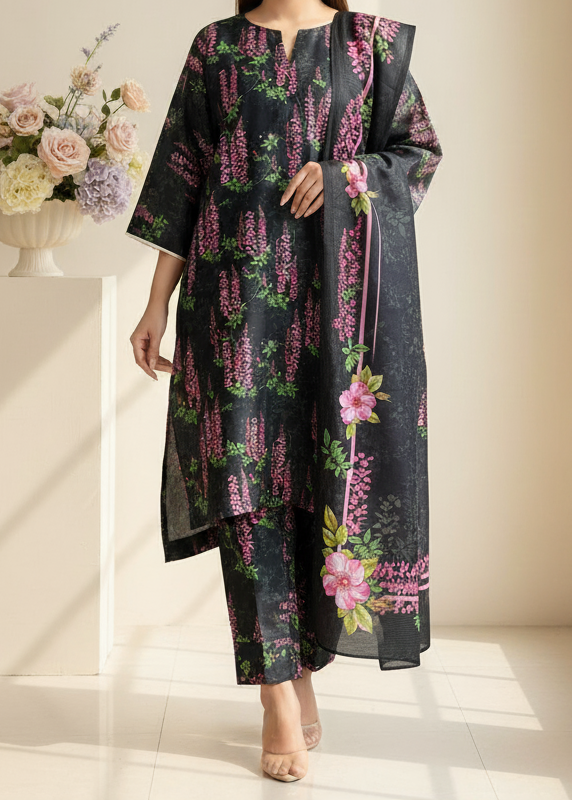 Grace W817 - Digital Printed 3pc Karandi Dress With Digital Printed Karandi Shawl.