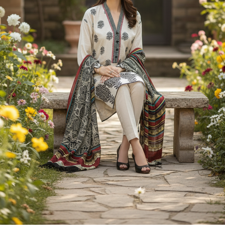 Grace W554-Embroidered 3pc khaddar dress With Printed shawl.