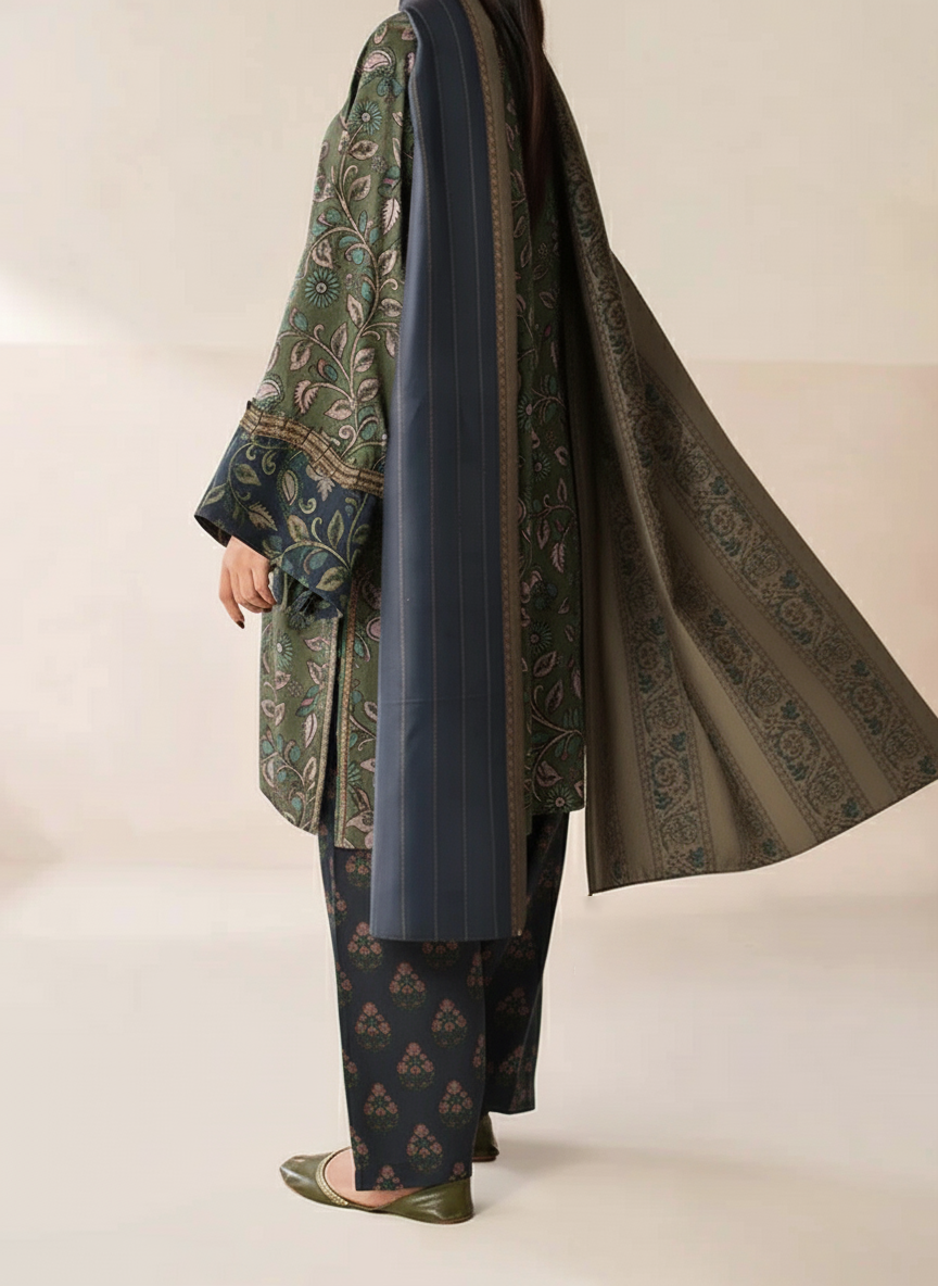 Grace W785 - Digital Printed 3pc Karandi Dress With Digital Printed Karandi Shawl.
