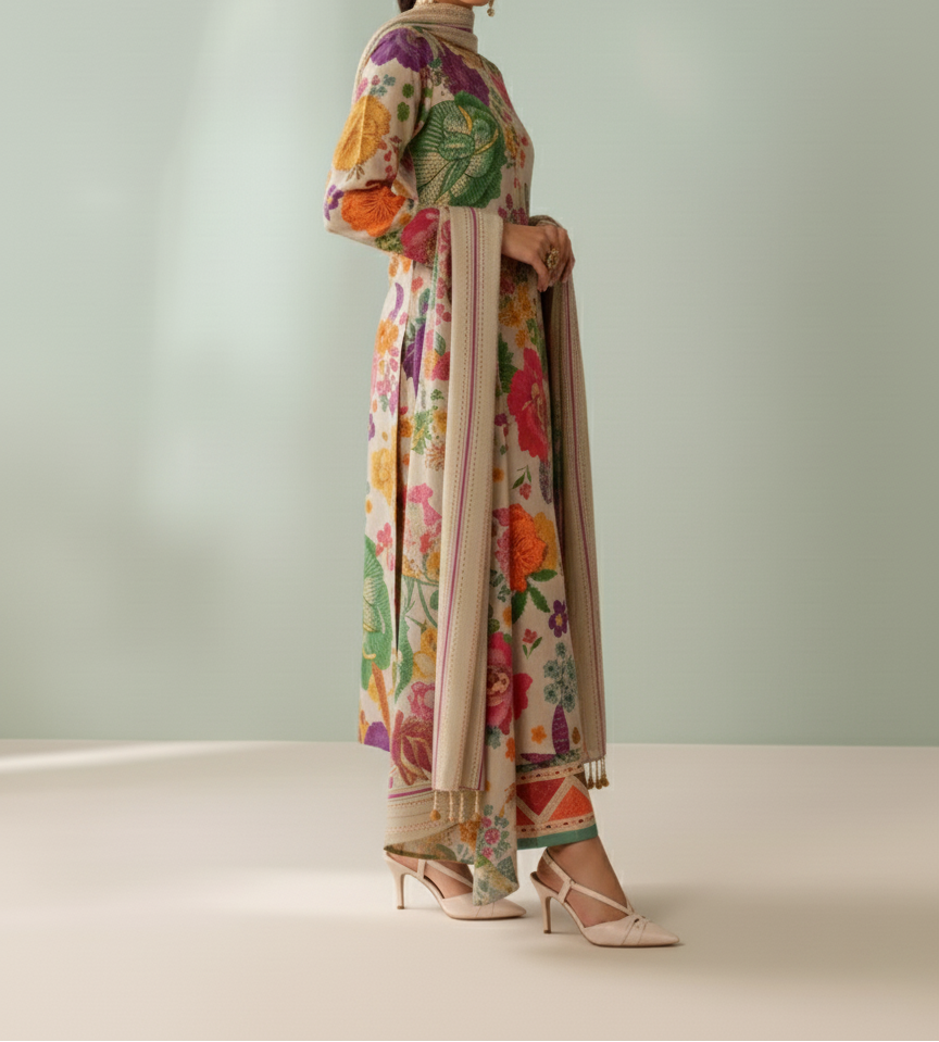 Grace W848 - Digital Printed 3pc Karandi Dress With Digital Printed Karandi Shawl.