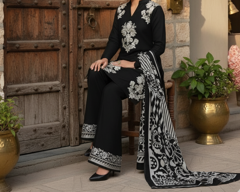 Grace W520-Embroidered 3pc khaddar dress With Printed shawl.