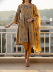 Grace W80 - Embroidered 3pc linen dress with embroidered chiffon dupatta.