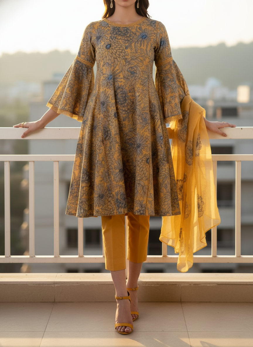 Grace W80 - Embroidered 3pc linen dress with embroidered chiffon dupatta.