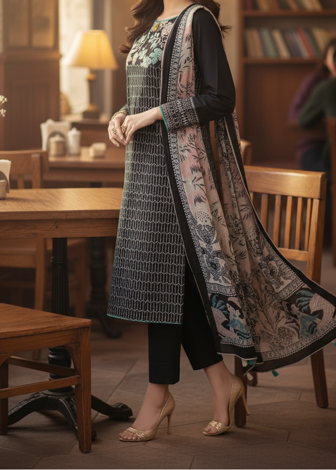 Grace W537-Embroidered 3pc khaddar dress With Printed shawl.