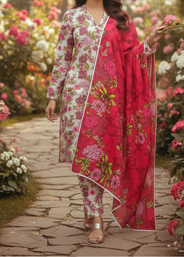 Grace W818 - Digital Printed 3pc Karandi Dress With Digital Printed Karandi Shawl.