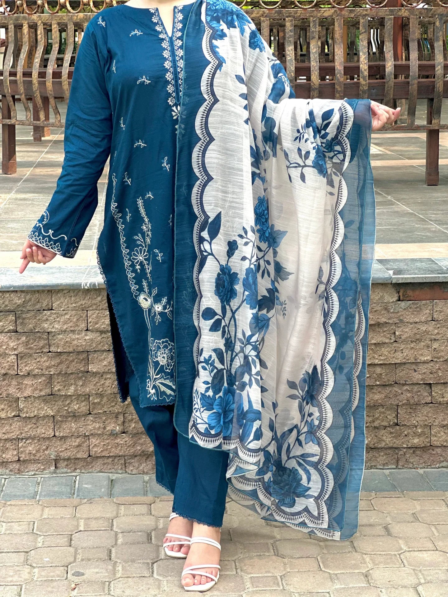 Grace Z-(W752) - Stitched Embroidered 3pc Marina Dress With Printed Shawl.
