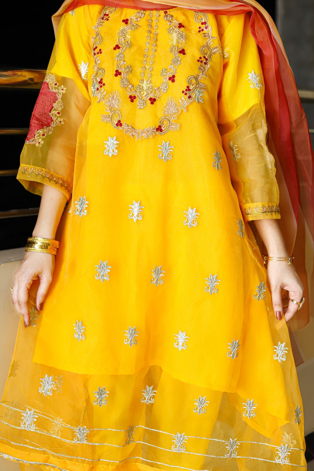 Grace Z-(W476)- Stitched Embroidered 3pc organza dress with Embroidered Organza Duppata.