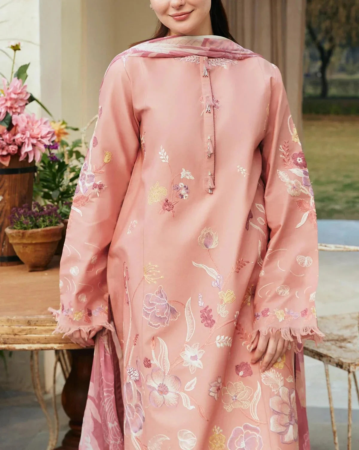 Grace Z(S1221)- Stitched Embroidered 3pc Lawn Dress With Printed Munar Dupatta.
