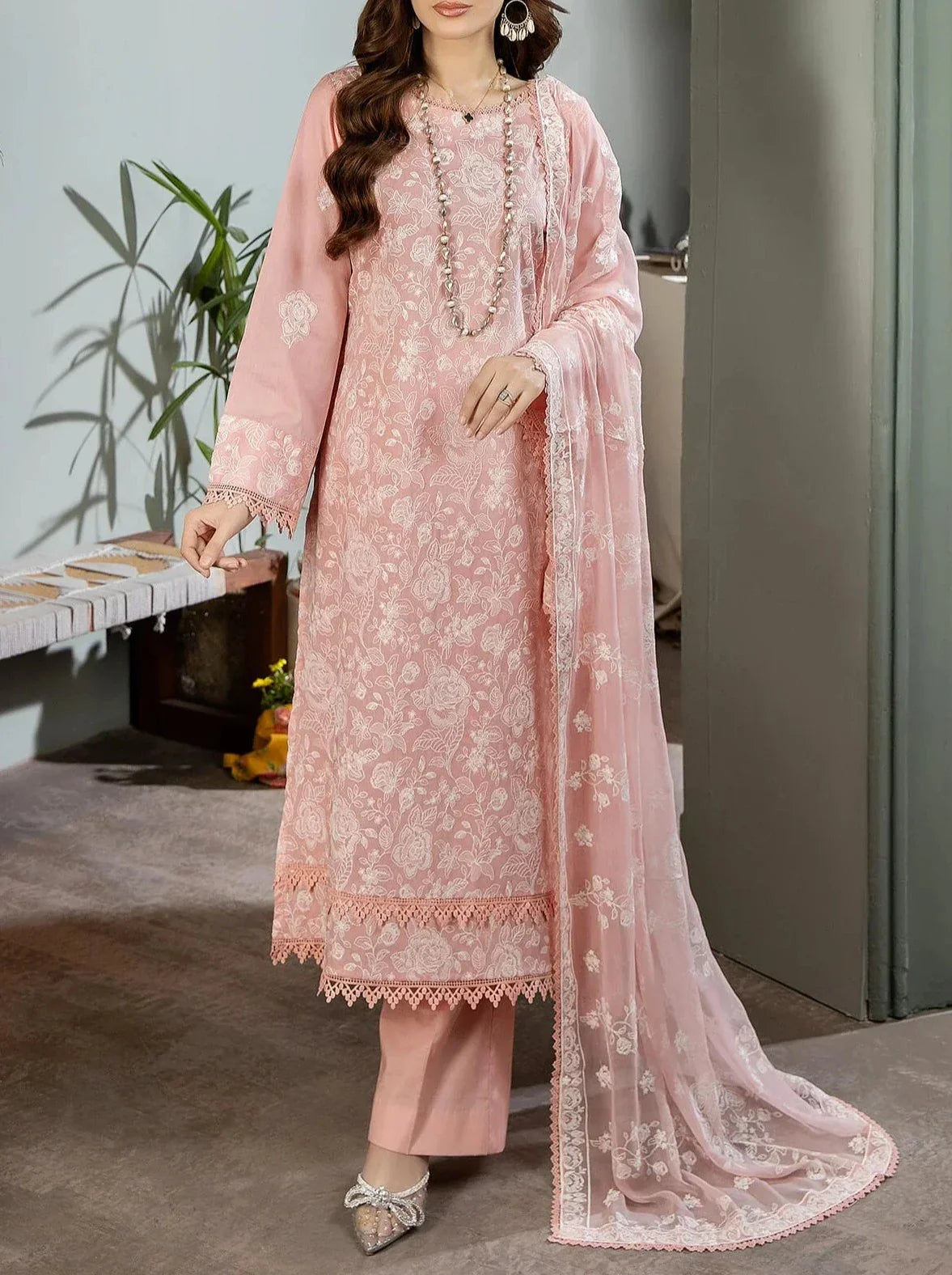 Grace Z(S729)- Stitched Embroidered 3pc Lawn dress with Embroidered chiffon dupatta.