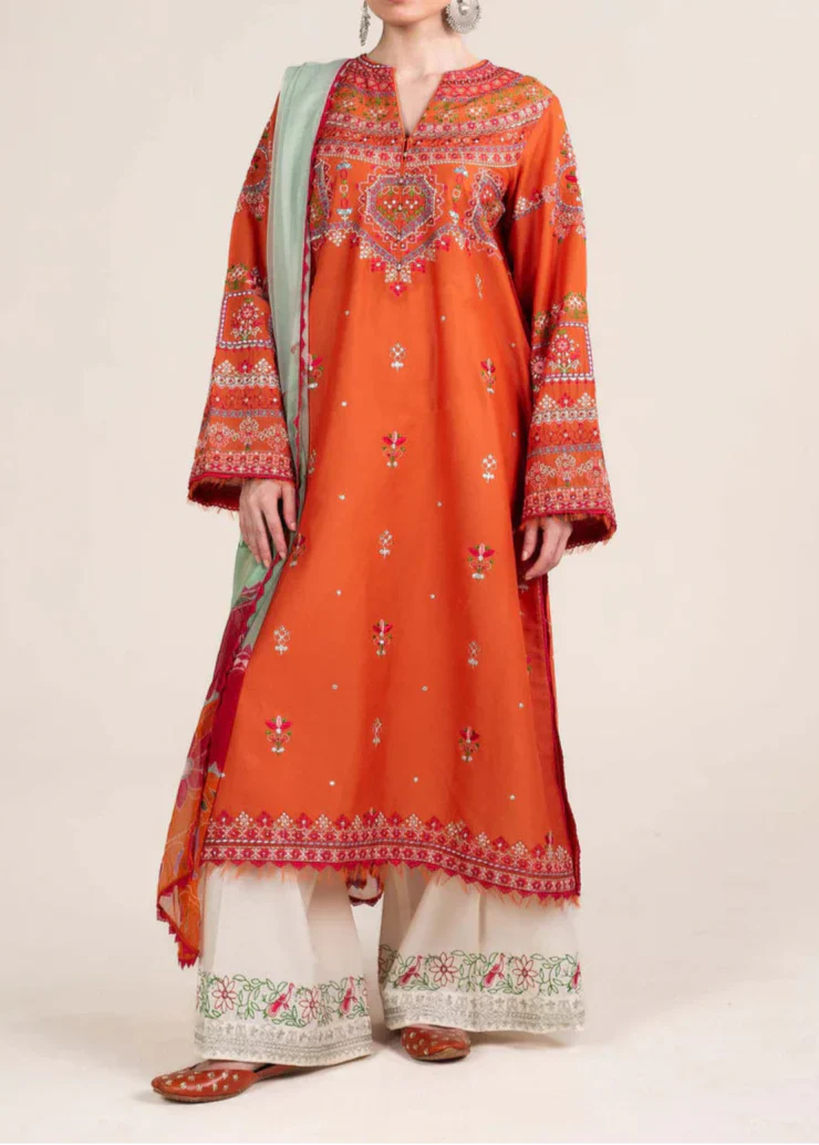 Grace Z(W609)- Stitched Embroidered 3pc Marina Dress With Printed Shawl.