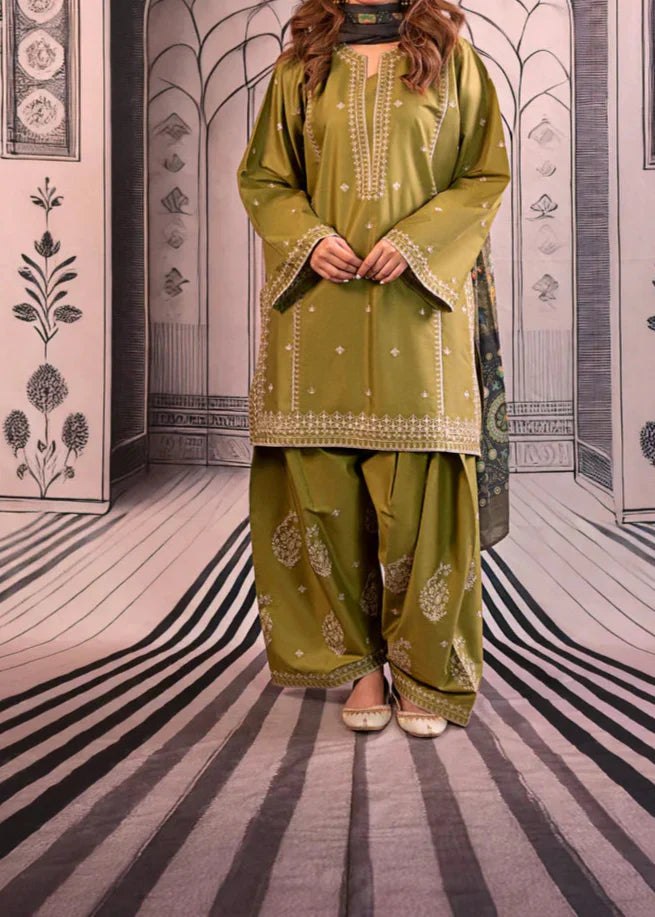 Grace Z-(W715) - Stitched Embroidered 3pc Marina Dress With Printed Shawl