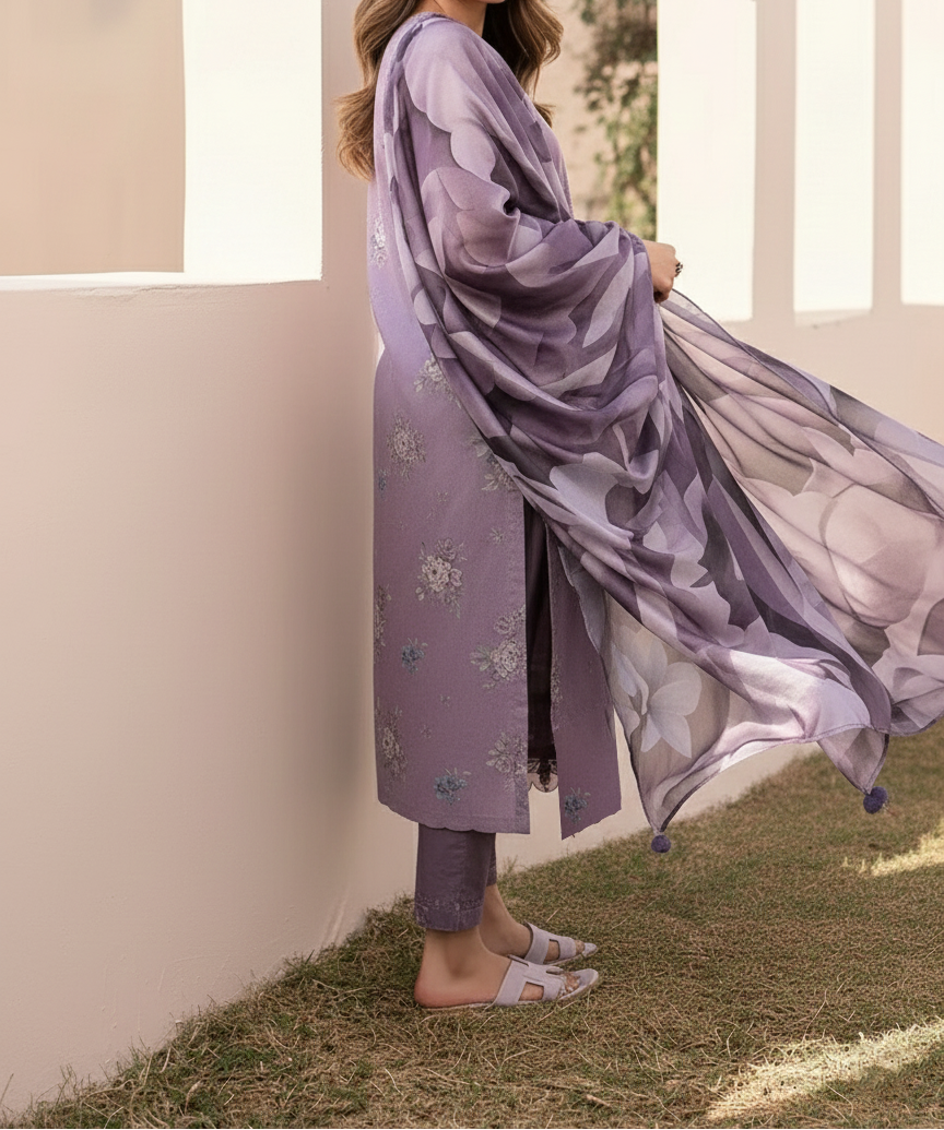 Grace W809 - Digital Printed 3pc Karandi Dress With Digital Printed Karandi Shawl.