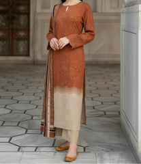 Grace W837 - Digital Printed 3pc Karandi Dress With Digital Printed Karandi Shawl.