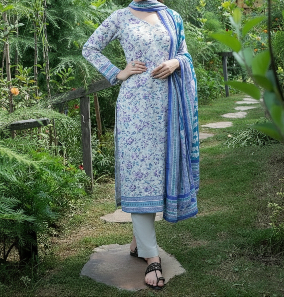 Grace W880 - Digital Printed 3pc Karandi Dress With Digital Printed Karandi Shawl.