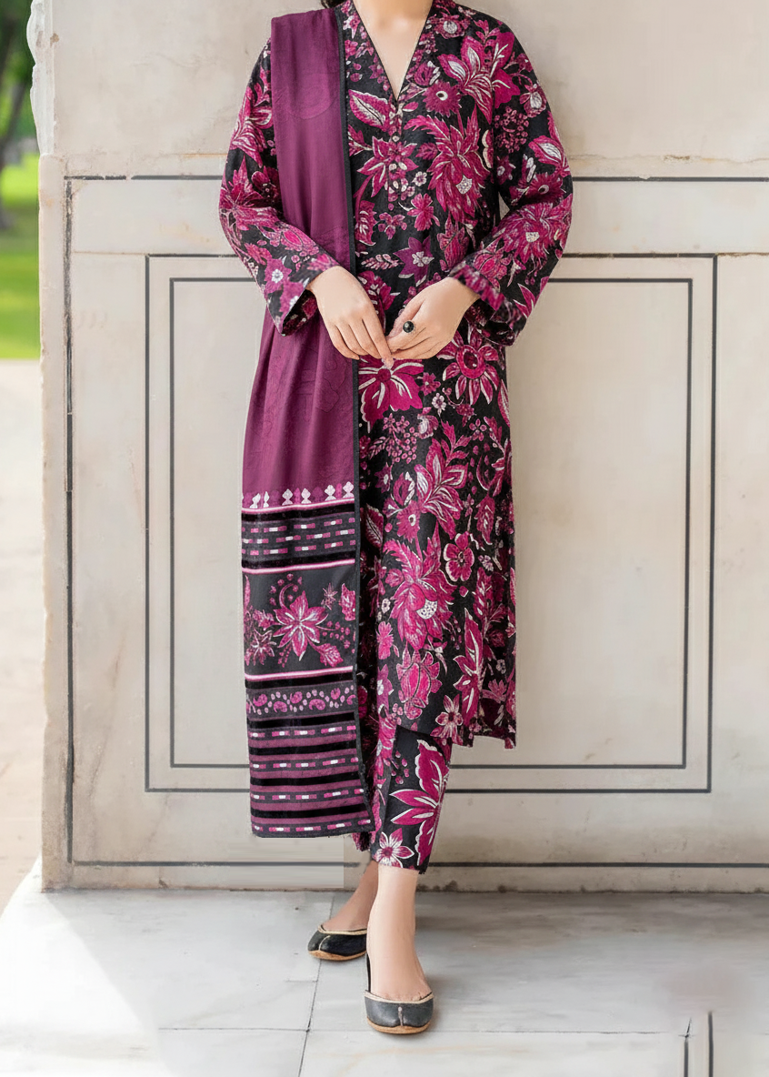 Grace W910 - Digital Printed 3pc Karandi Dress With Digital Printed Karandi Shawl.