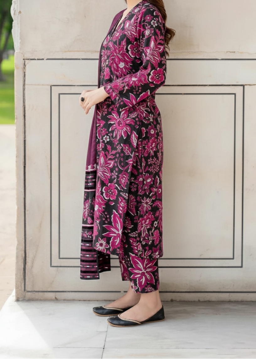 Grace W910 - Digital Printed 3pc Karandi Dress With Digital Printed Karandi Shawl.