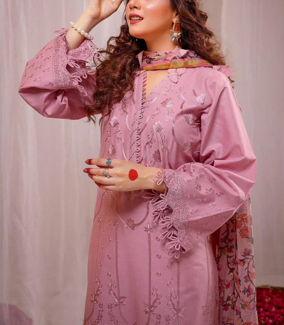 Grace Z-(S925)- Stitched Embroidered 3PC Lawn Dress With Printed Munar Dupatta.