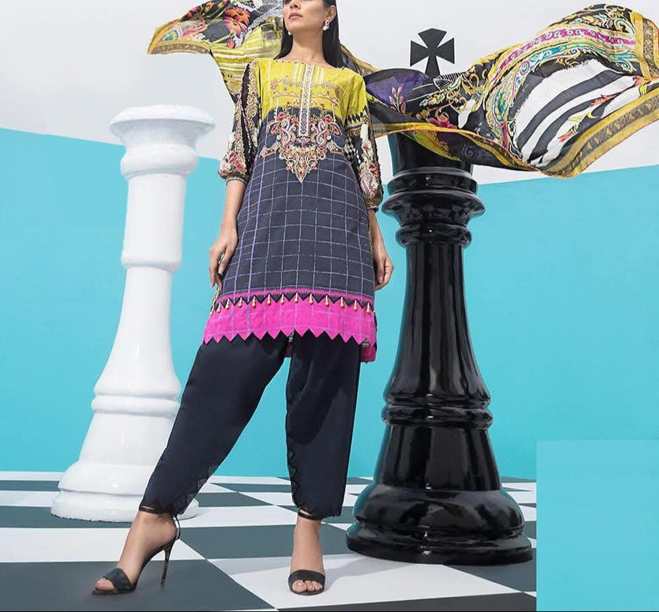 Grace W676- Embroidered 3pc Twill dress with Digital printed Twill dupatta