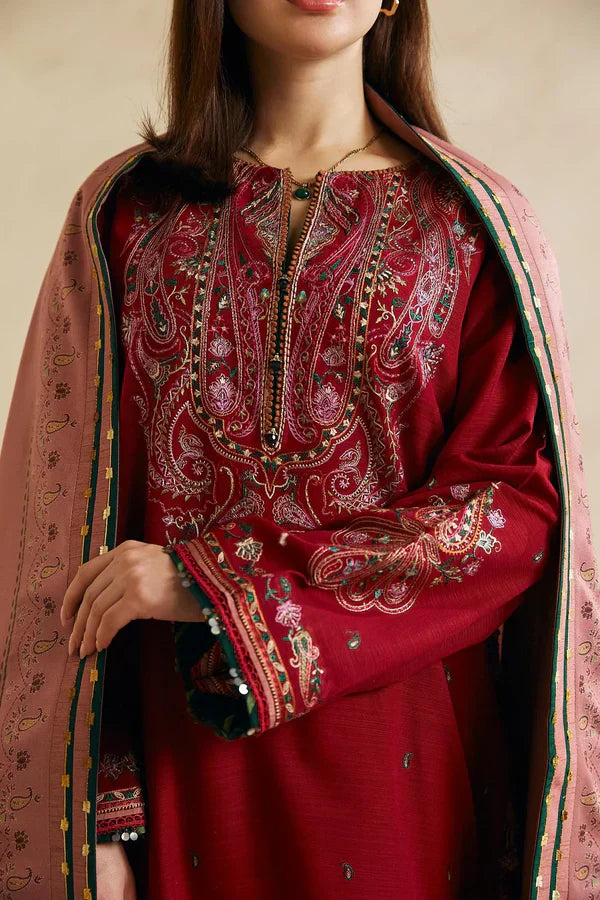 Grace Z-(W598)- Stitched Embroidered 3pc khaddar dress With Printed shawl.