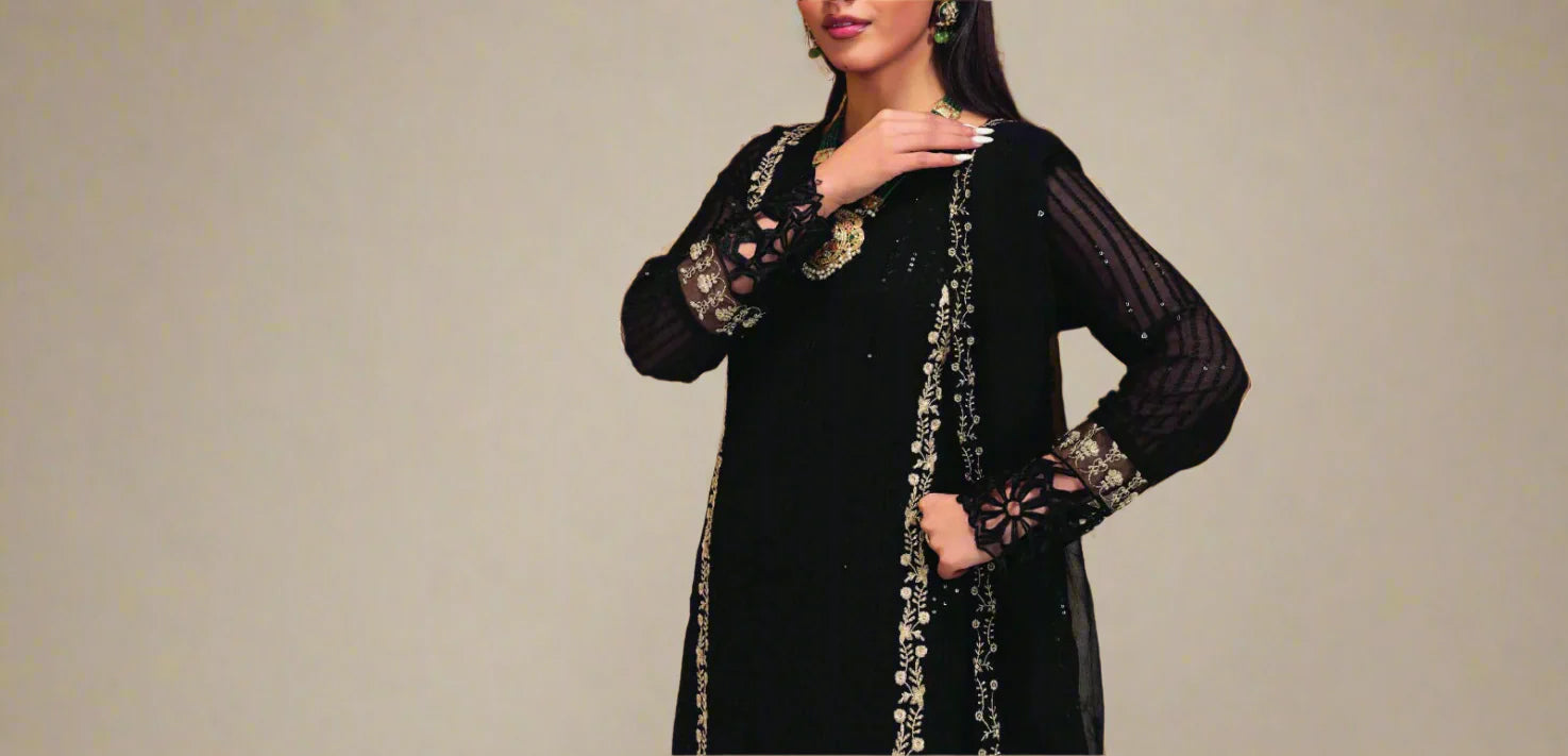 COLD BLACK– Embroidered Chiffon Unstitched 3Pc Suit.