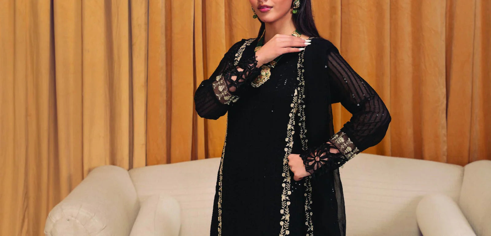 Grace Z-(COLD BLACK) -Stitched Embroidered chiffon 3Pc Suit