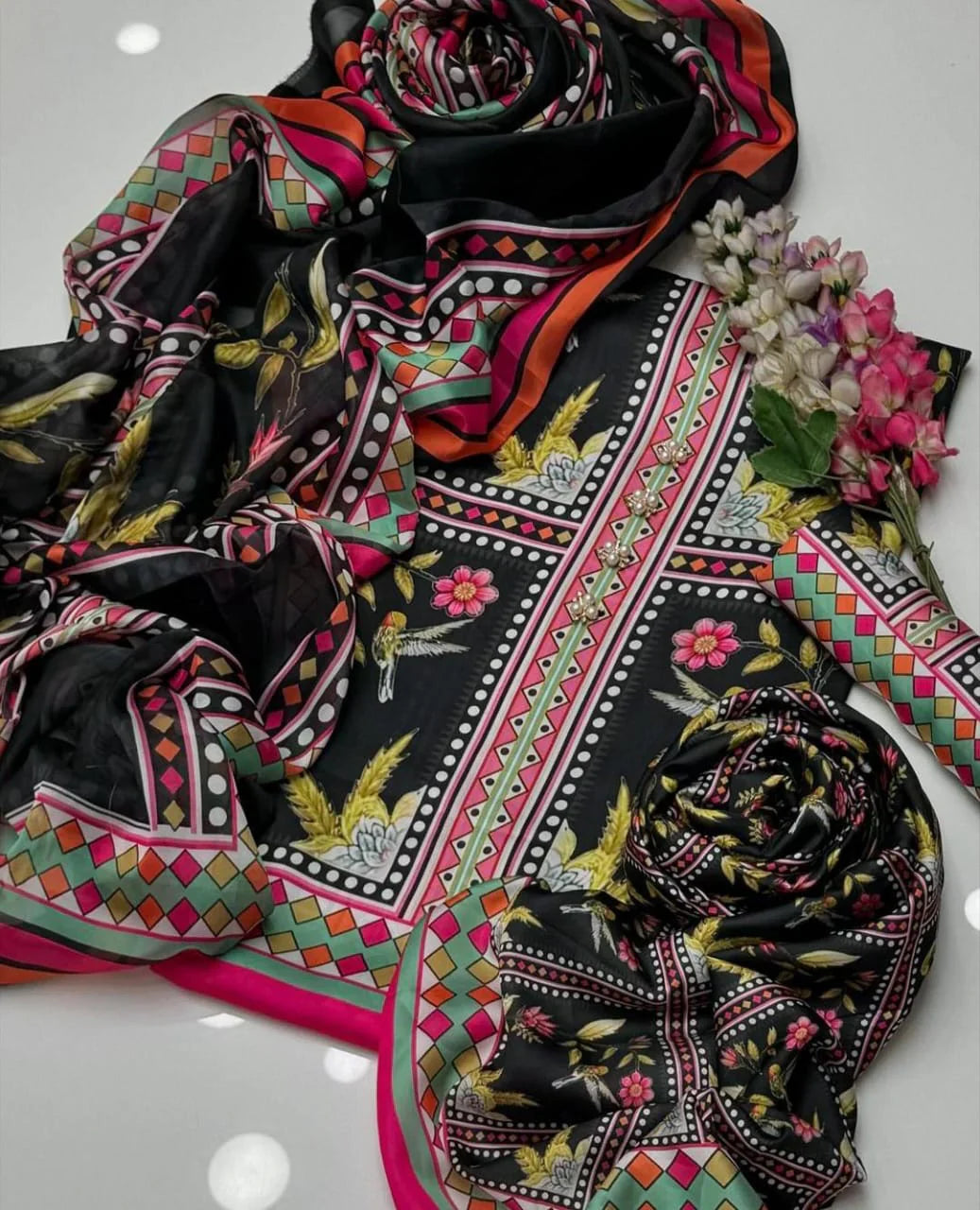 Grace W701 - Digital Printed 3pc Silk dress With Digital Printed Silk  Dupatta.