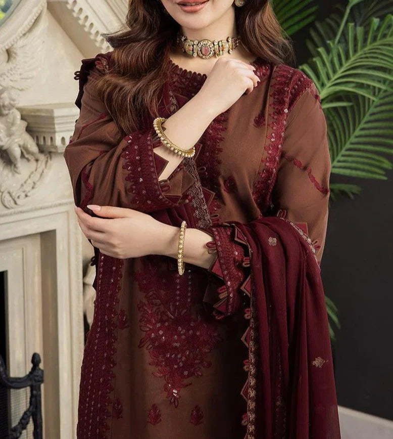 Grace Z-(S665) - Stitched Embroidered 3PC Lawn dress with Embroidered chiffon dupatta.
