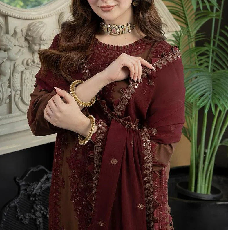 Grace Z-(S665) - Stitched Embroidered 3PC Lawn dress with Embroidered chiffon dupatta.