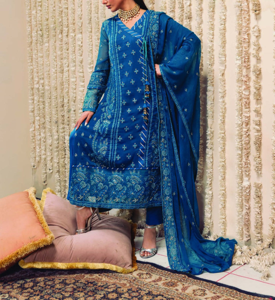 BLUE NOVA– Embroidered Chiffon Unstitched 3Pc Suit.