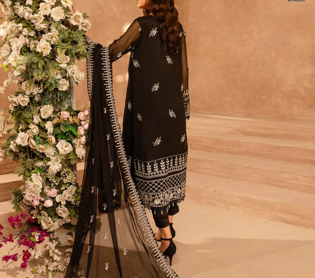 Grace Z-(PITCH BLACK) -Stitched Embroidered chiffon 3Pc Suit