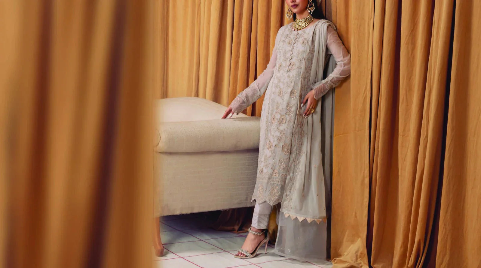 Grace Z-(ICE GRAY) -Stitched Embroidered chiffon 3Pc Suit