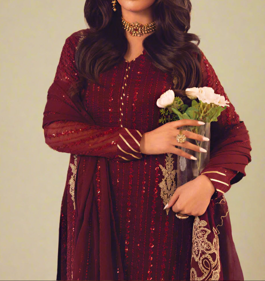 Grace Z-(DEEP CLARET) -Stitched Embroidered chiffon 3Pc Suit