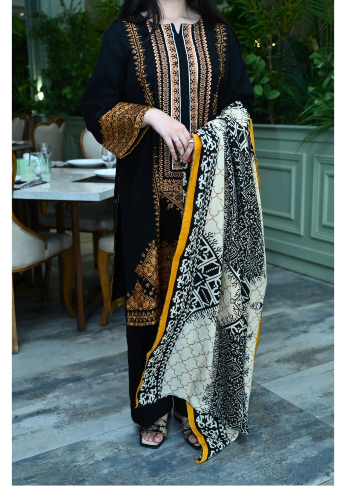 Grace W102 -Embroidered 3pc khaddar dress with printed shawl.