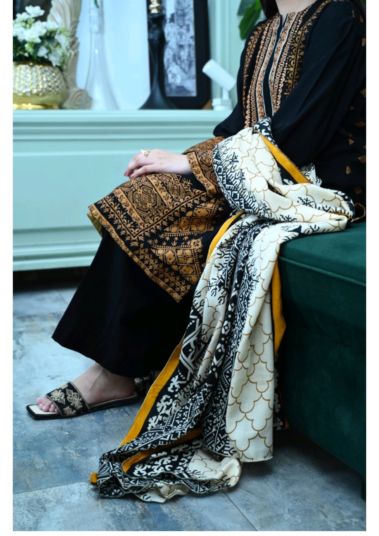 Grace W102 -Embroidered 3pc khaddar dress with printed shawl.