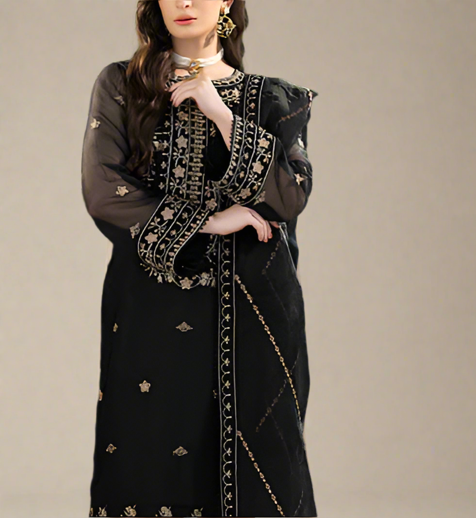 Grace Z-(MIDNIGHT BLACK) -Stitched Embroidered chiffon 3Pc Suit