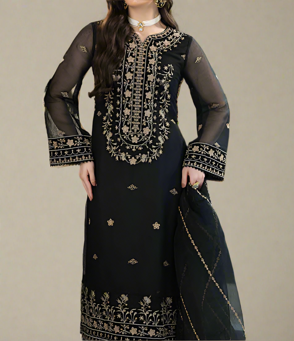 Grace Z-(MIDNIGHT BLACK) -Stitched Embroidered chiffon 3Pc Suit