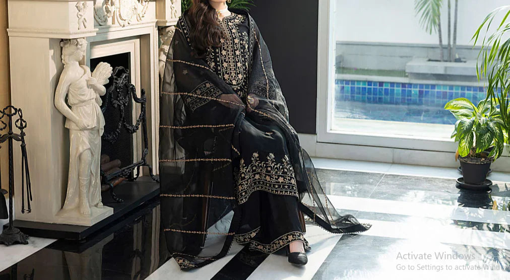 Grace Z-(MIDNIGHT BLACK) -Stitched Embroidered chiffon 3Pc Suit