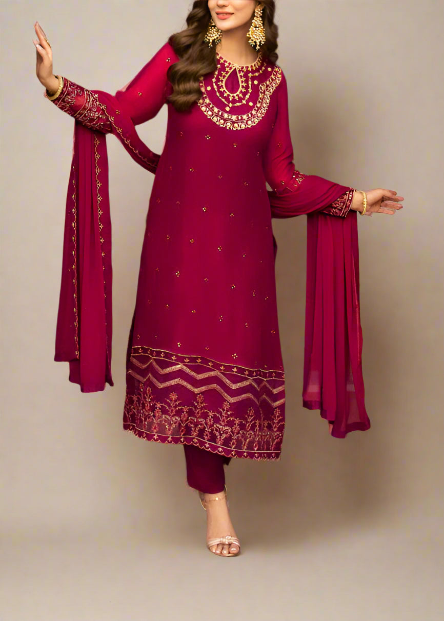 Grace Z-(Aiza) -Stitched Embroidered chiffon 3Pc Suit